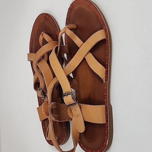 Lucky Brand Women's Tan Leather Sandals Side Buckle Festive Border Design, sz 5 - Picture 3 of 16